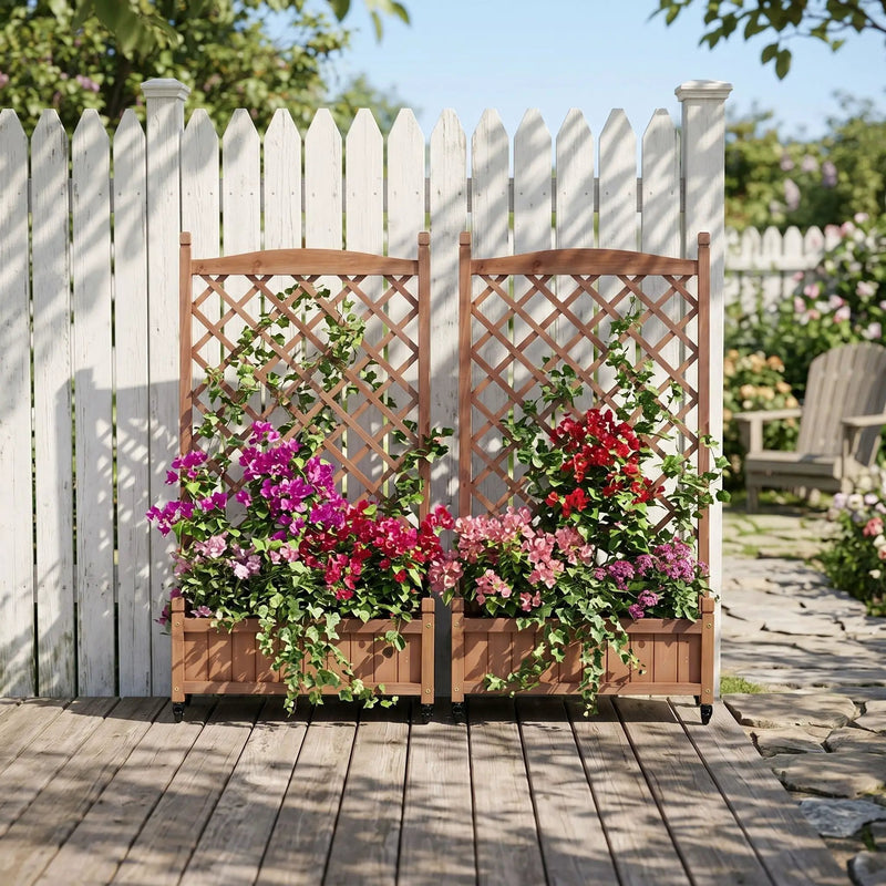 Raised Garden Bed With Trellis 2 Pack, Outdoor Planter Box & Plant Stand With Climbing Racks - Brown by HouseOfZazla
