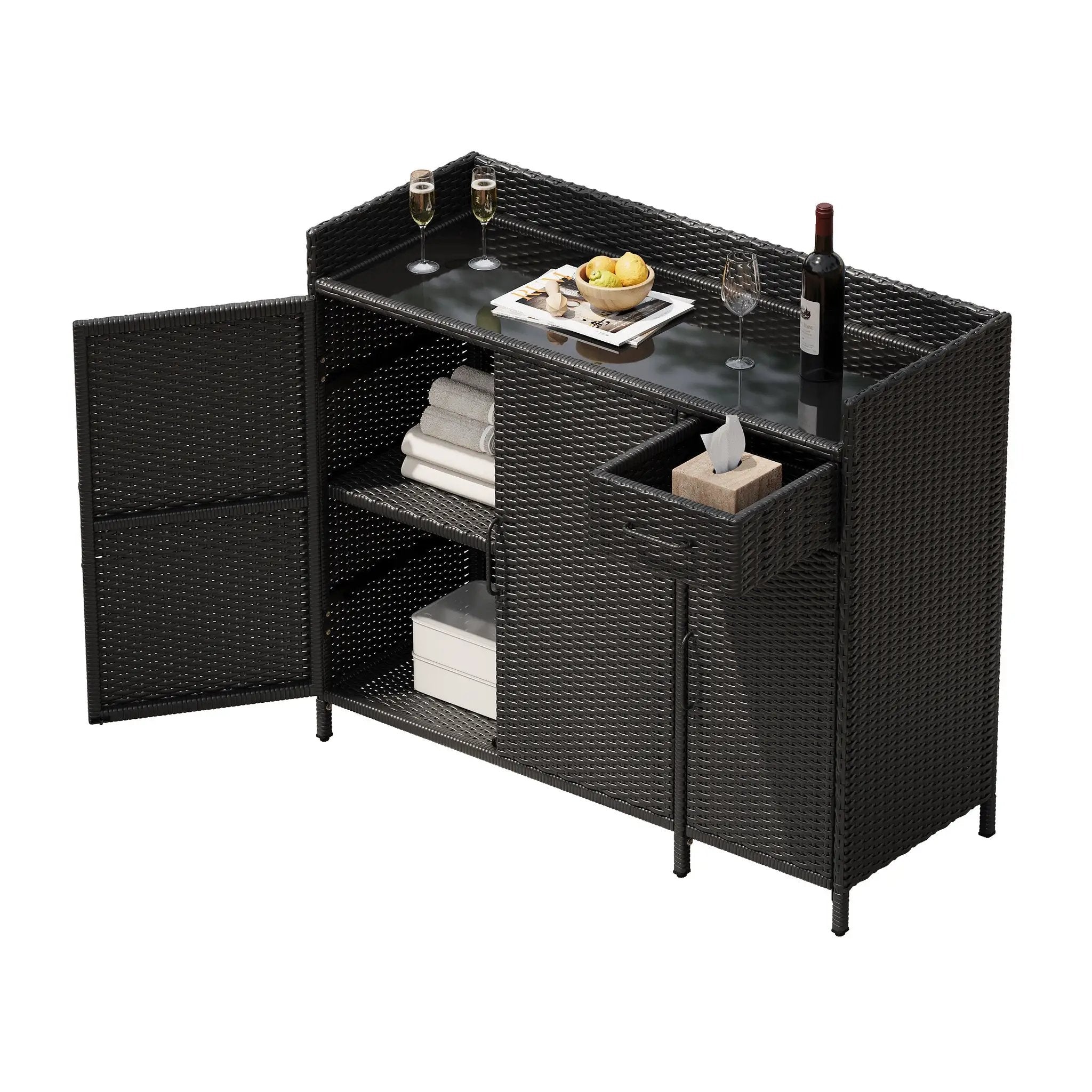 K&K 47.5"W Wicker Outdoor Storage Cabinet with Tempered Glass Top by HouseOfZazla