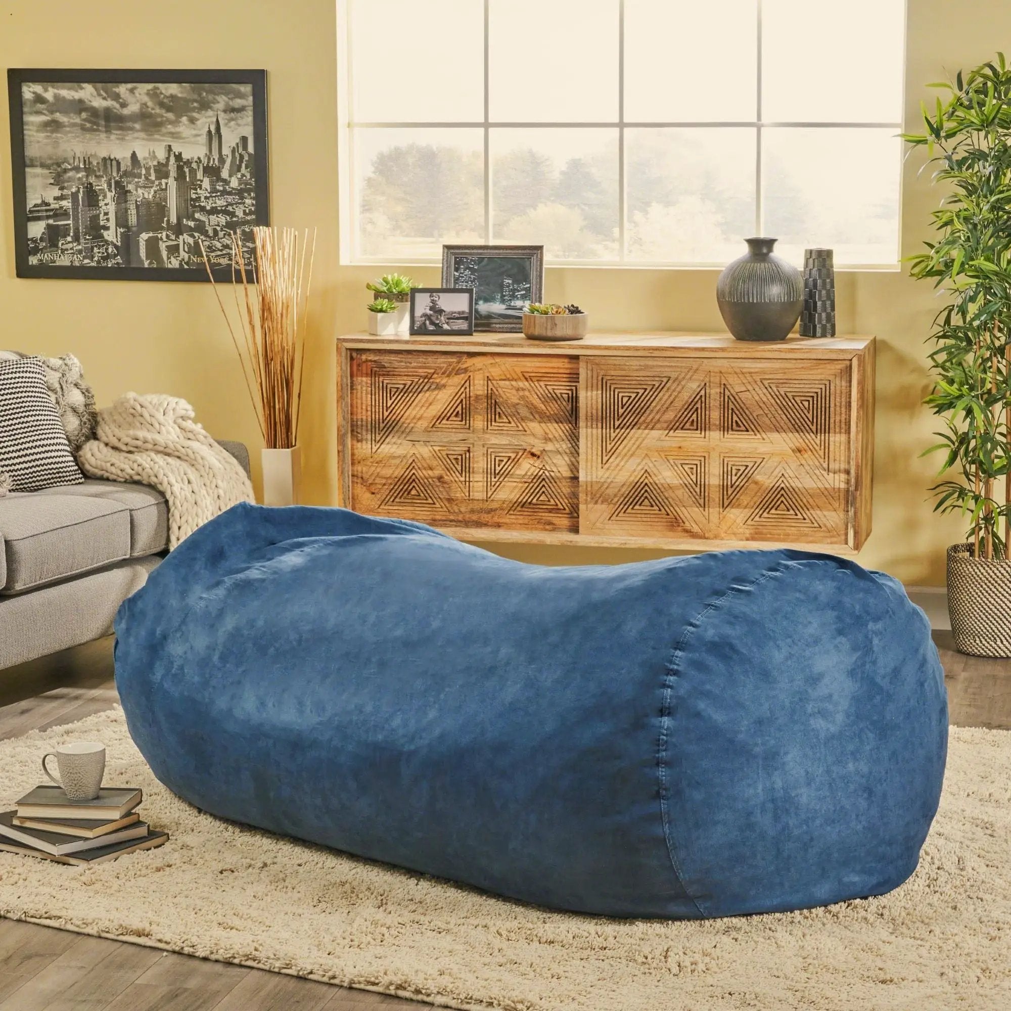 Marlin - 6.5 Foot Cylindrical Bean Bag With Removable Suede Cover - Midnight Blue by Unique Piece Furniture