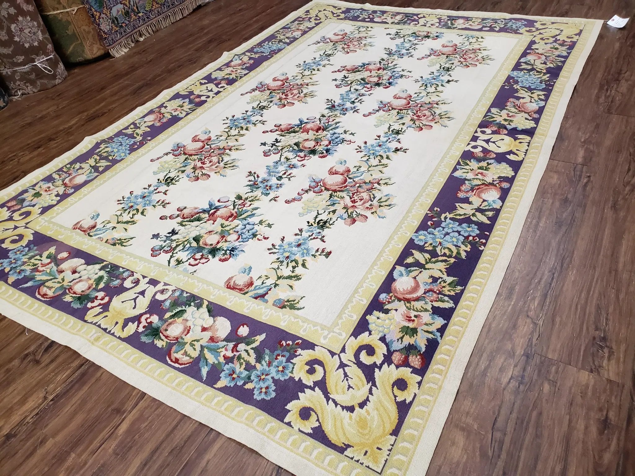 Vintage Chinese Floral Needlepoint Area Rug 6x9, Wool Hand-Woven Handmade Flatweave Rug, Ivory & Purple, Fruits Grapes Apples, Dining Room by Jewel Rugs