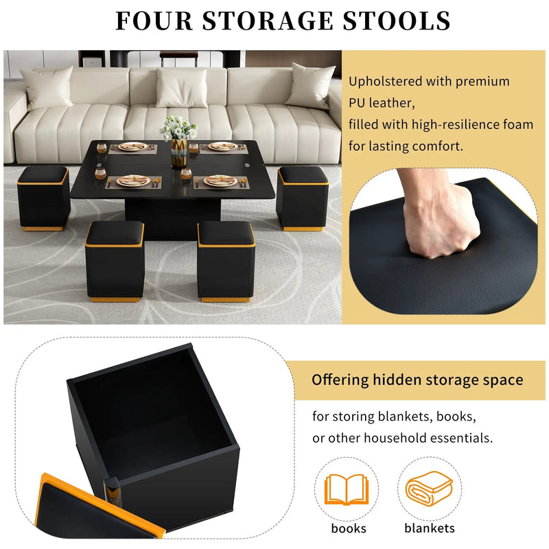 Lift Top Coffee Table With 4 Storage Stools by Unique Piece Furniture