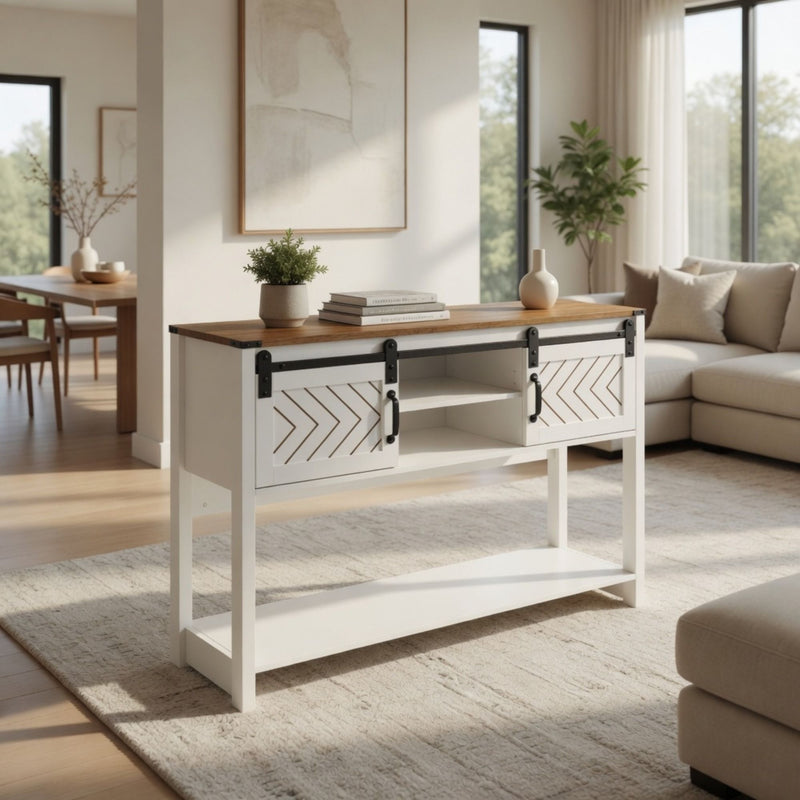 Entryway Table With Sliding Barn Door Storage - White / Oak by HouseOfZazla