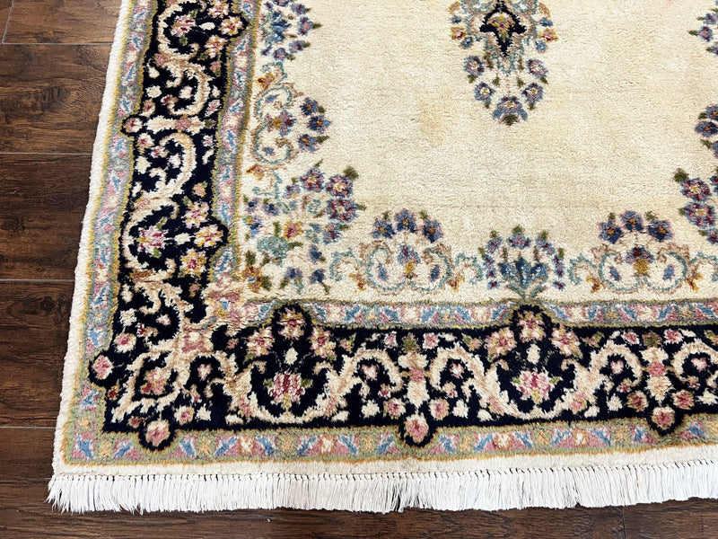 Persian Kirman Rug 4x7, Wool Hand Knotted Antique Carpet, Beige, Semi Open Field Medallion Rug, Traditional Handmade Oriental Rug by Jewel Rugs