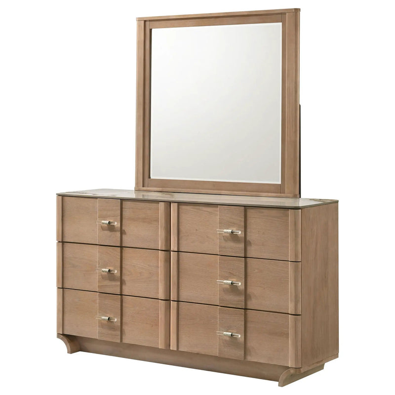 Leanne 6-drawer Sinter Stone Top Dresser and Mirror Light Oak by Unique Piece Furniture