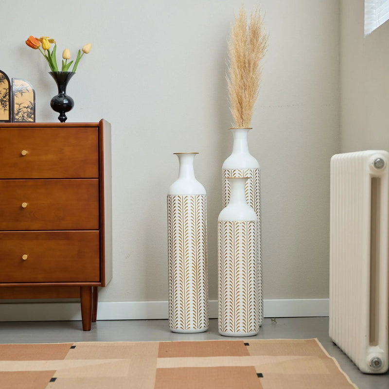 Floor Metal Vase Modern Style Decoration Home Metal Vase 3 Piece Set Gorgeous Home Decoration Large Glazed Metal Vase - Gold / White by HouseOfZazla