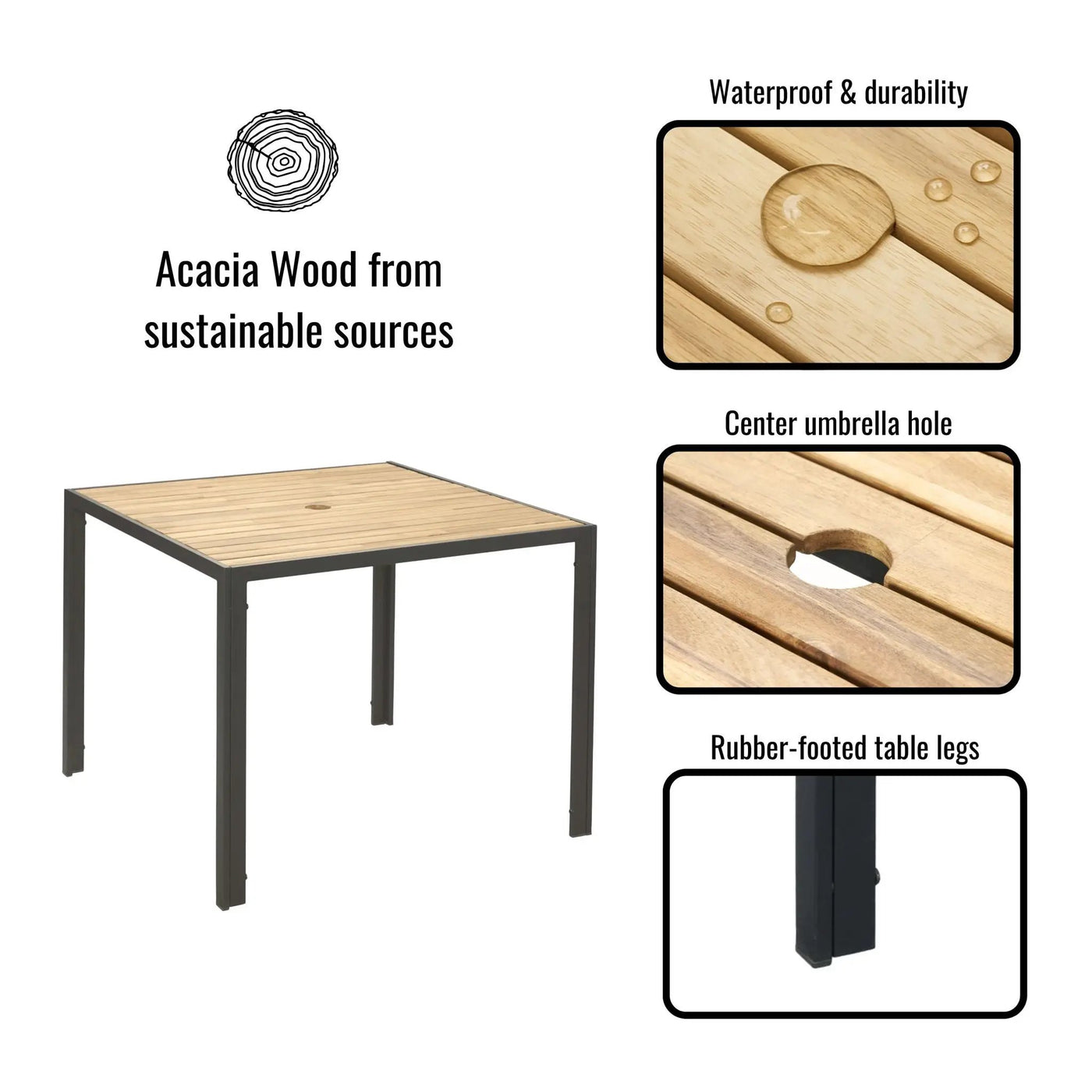 5 Piece Patio Dining Table Set, Acacia Wood Table Top With Umbrella Hole by HouseOfZazla