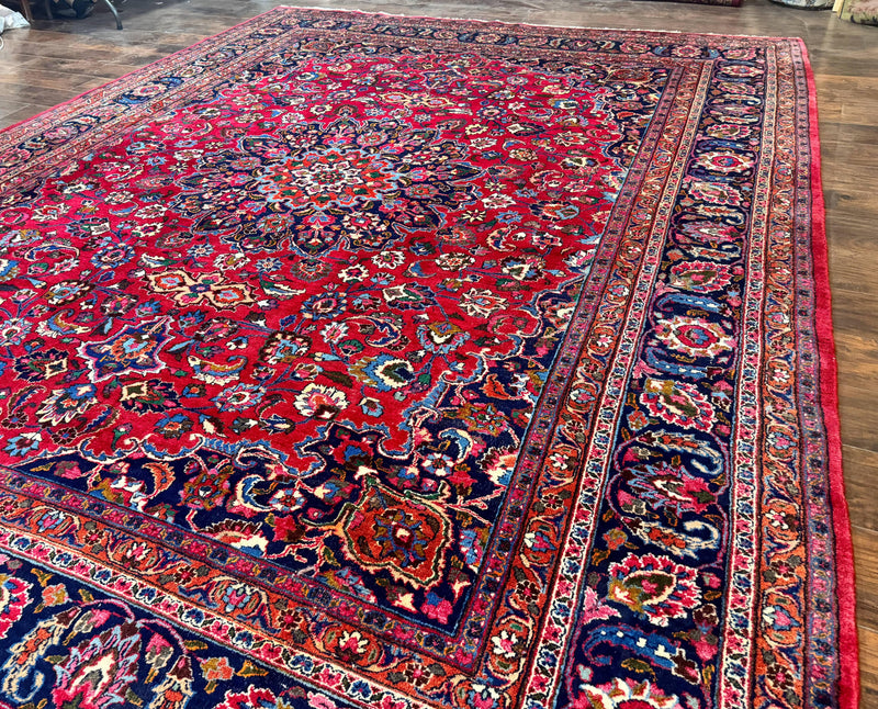 Antique Persian Mashad Rug 10x13, Red and Navy Blue, Great Colors, Signed By Masterweaver, Floral Medallion, Handmade Wool Persian Carpet by Jewel Rugs