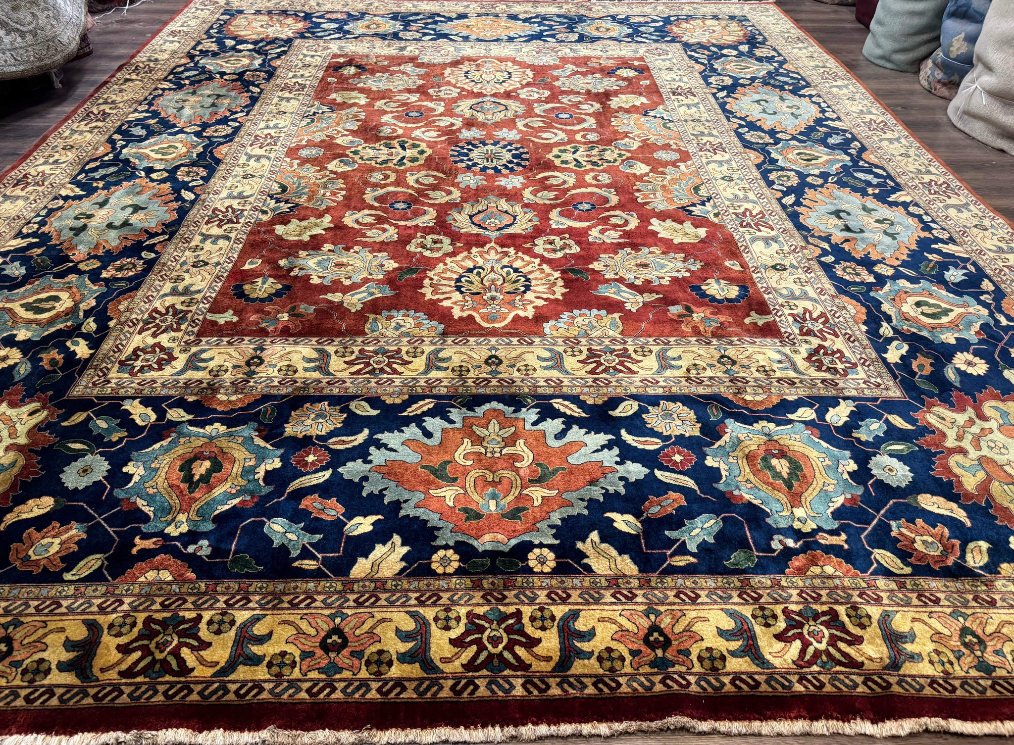 Palace Size Indo Persian Rug 12x15, Sultanabad Mahal Carpet, Red Navy Blue, Fine 210 KPSI by Jewel Rugs
