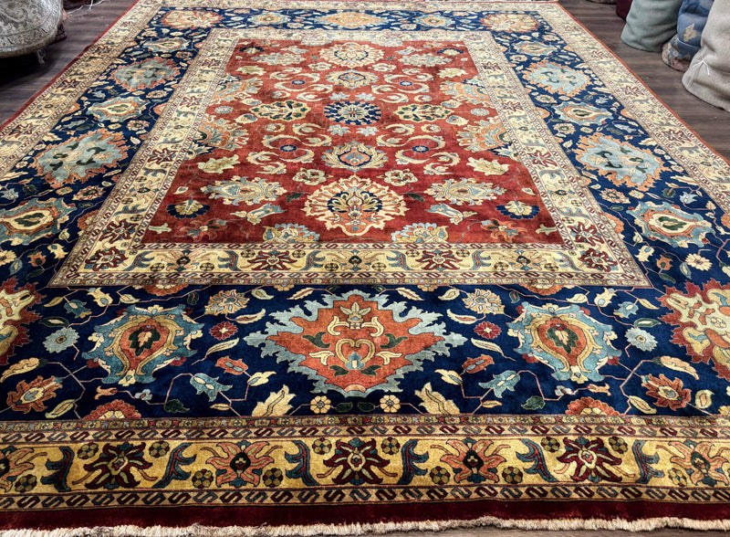 Palace Size Indo Persian Rug 12x15, Sultanabad Mahal Carpet, Red Navy Blue, Fine 210 KPSI by Jewel Rugs