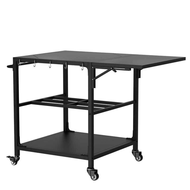 Outdoor Grill Table, Prep Cart With Wheels, Storage Shelf And Hooks - Black by HouseOfZazla