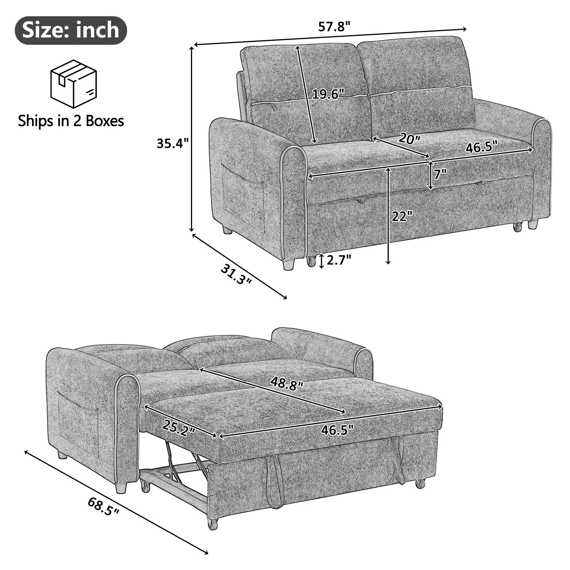 Pull Out Sofa Bed With Adjustable 3 Position Backrest, USB Charging Ports, Side Pockets by Unique Piece Furniture