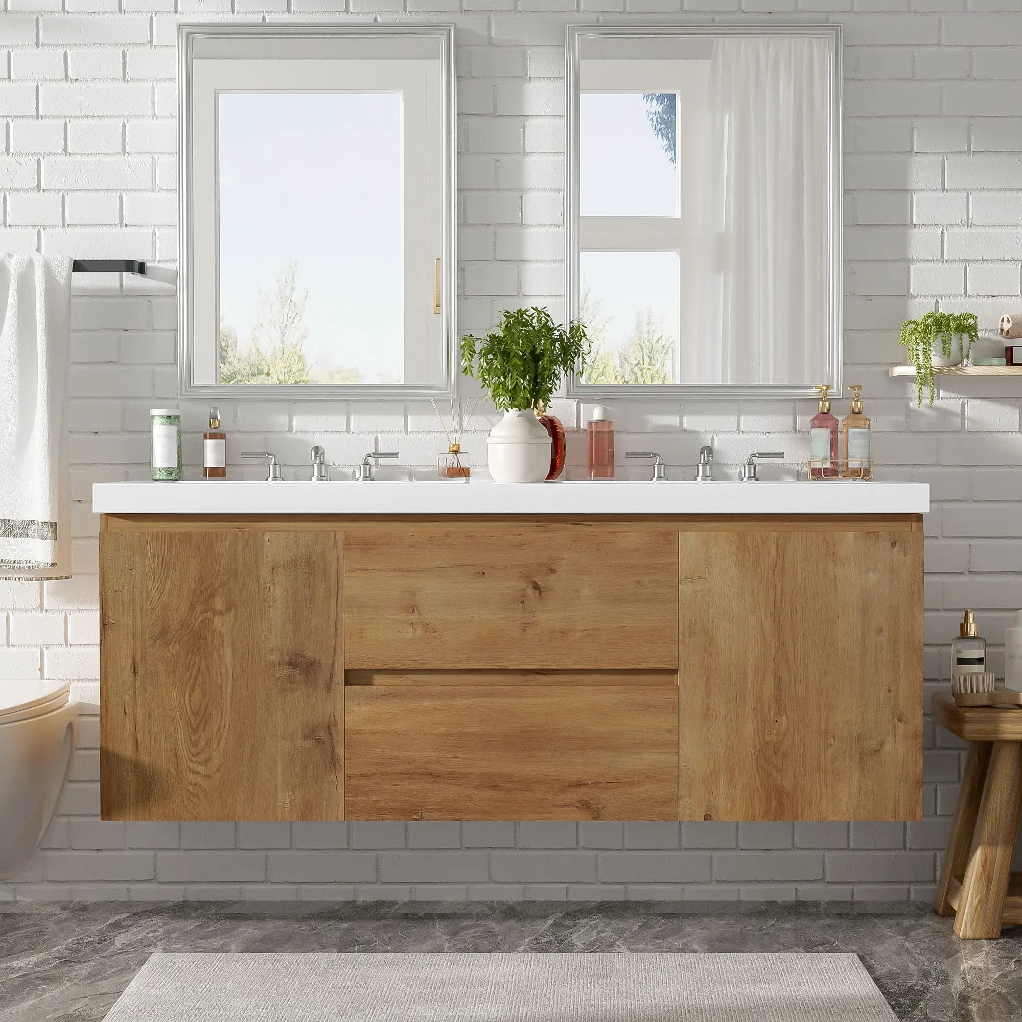 Double Sink Bathroom Vanity, Cabinet & Soft Close Doors, Divided Drawers, Wall Mounted Storage - Wood by HouseOfZazla