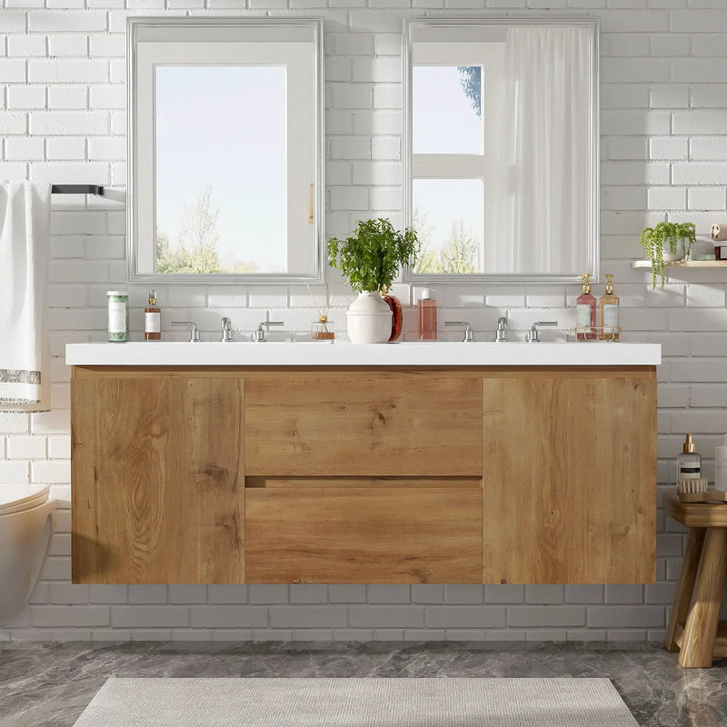 Double Sink Bathroom Vanity, Cabinet & Soft Close Doors, Divided Drawers, Wall Mounted Storage - Wood by HouseOfZazla