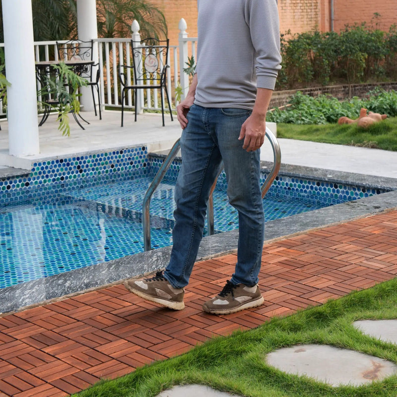 Interlocking Deck Tiles Checker Pattern, Square Acacia Hardwood Outdoor Flooring For Patio, Bancony, Pool Side by HouseOfZazla