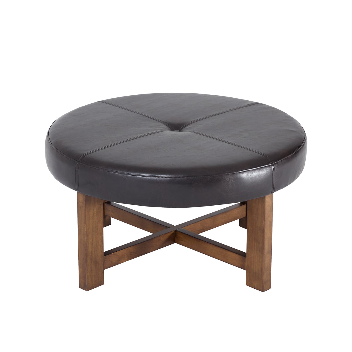 Round Leather Ottoman Coffee Table with Solid Wood Base, photo 4 of 10
