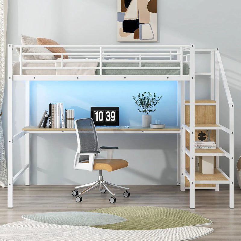 Loft Bed With Desk, Storage Staircase, Small Wardrobe And LED Light by Unique Piece Furniture