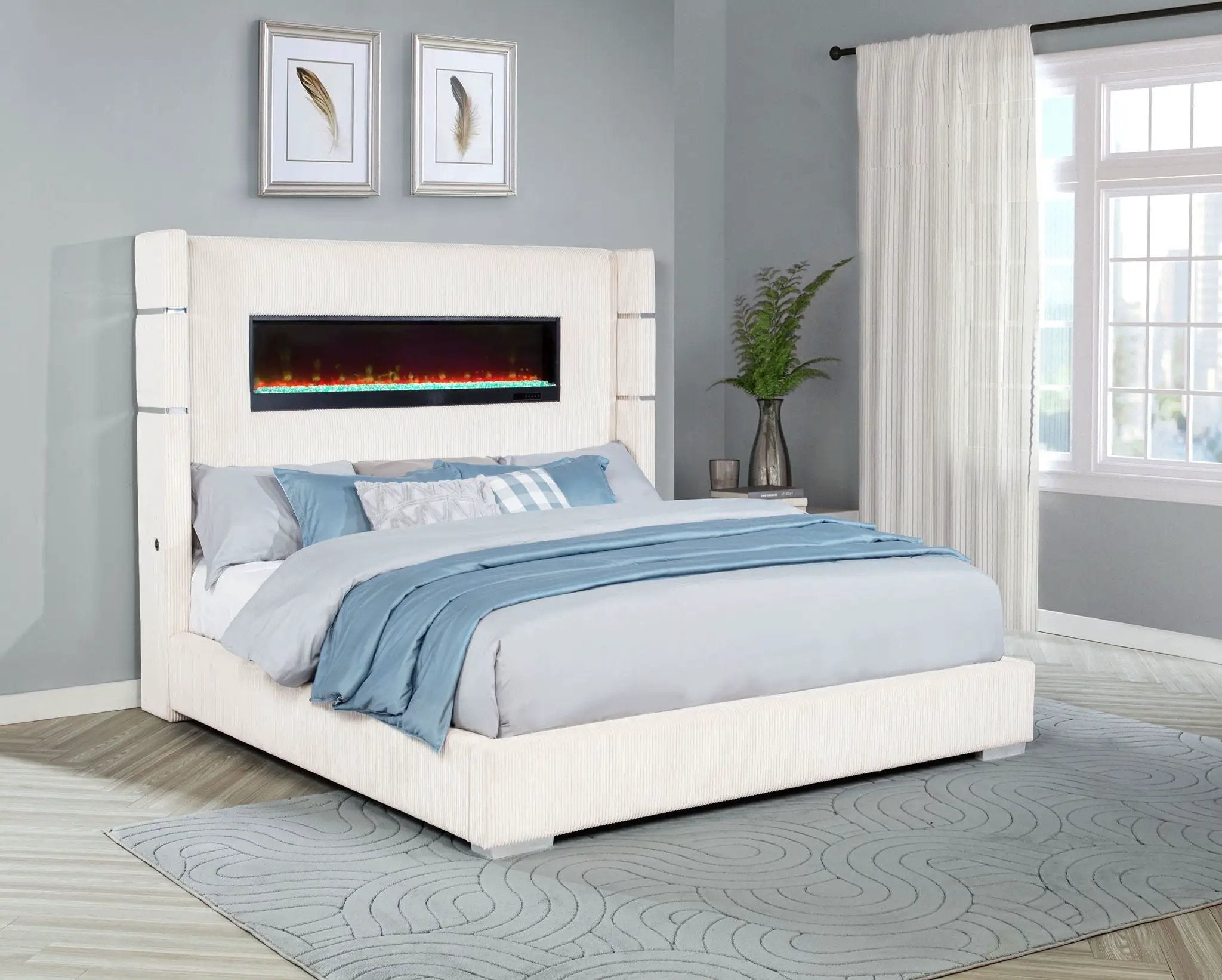 Tisdall Upholstered Eastern King Flame Visualizer Bed Cream by Unique Piece Furniture