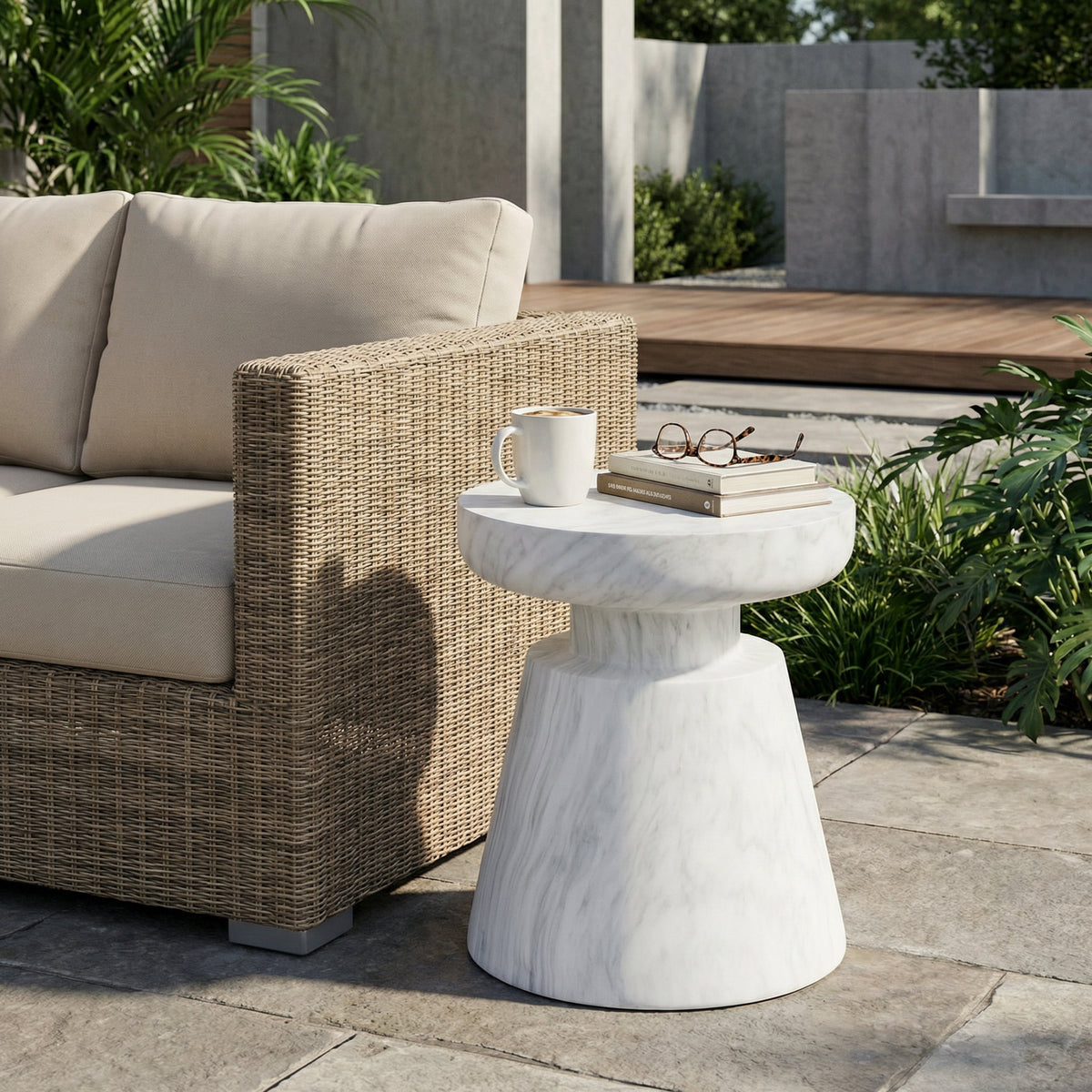 Travertine Outdoor Side Table with Pedestal Base – Gold or White, photo 2 of 10