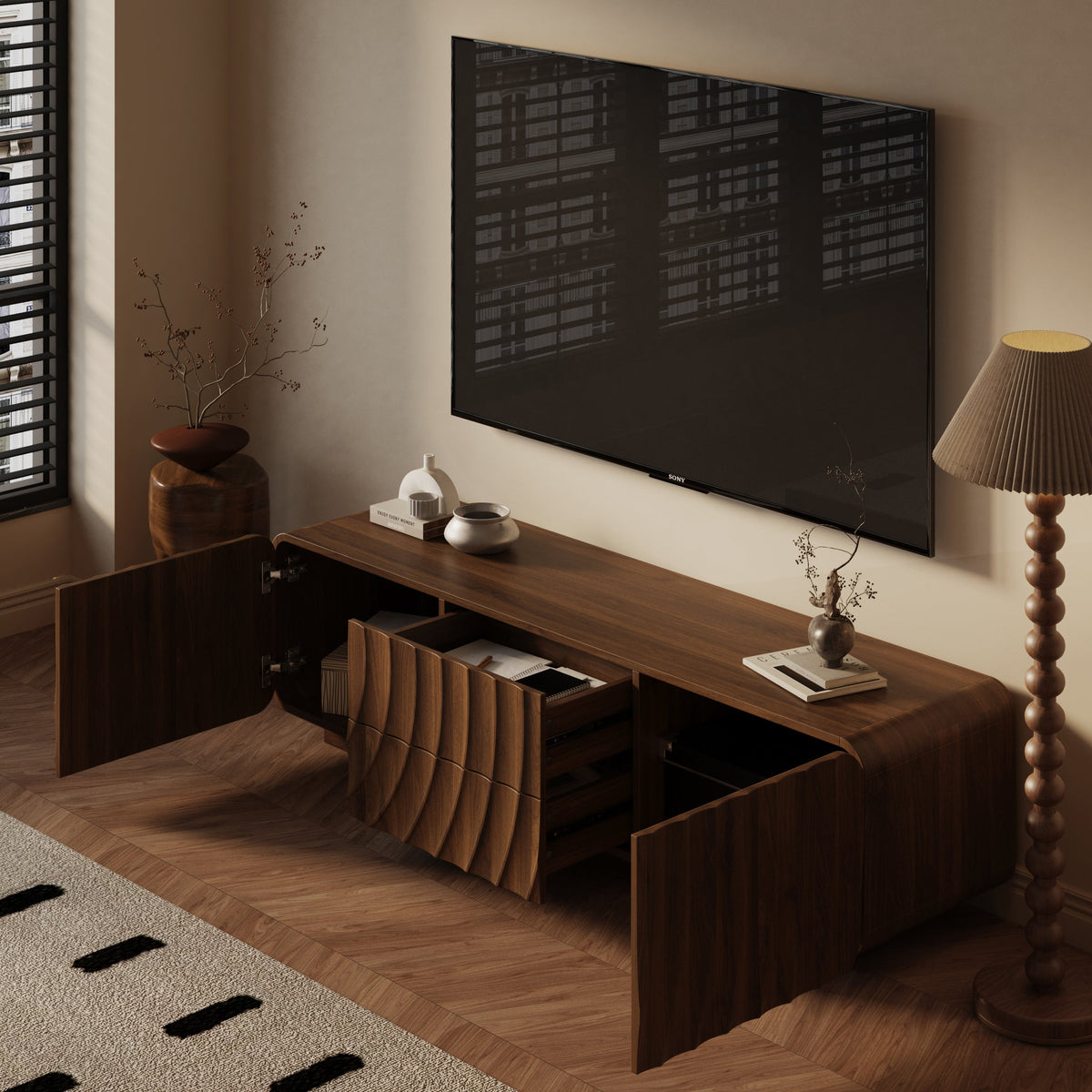 58" Spiral Wave TV Console with Storage Cabinet and 2 Drawers - Natural Finish, photo 4 of 10
