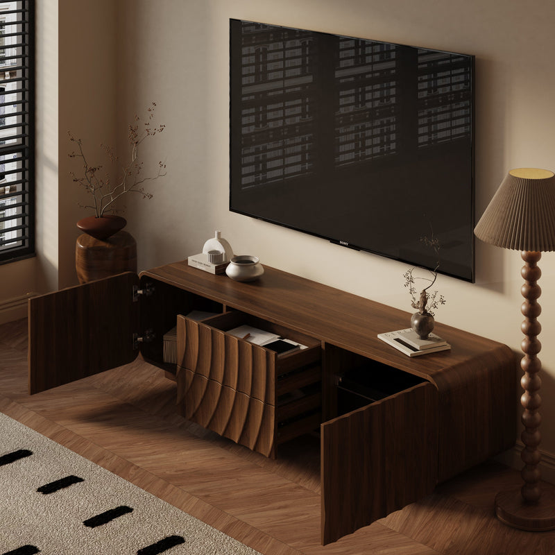 58" Spiral Wave TV Console with Storage Cabinet and 2 Drawers - Natural Finish, photo 4 of 10