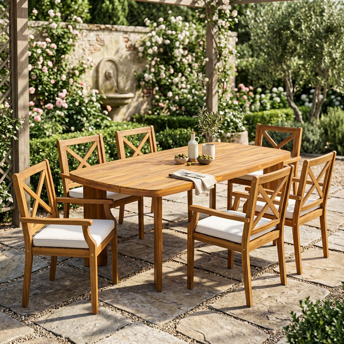 7-Piece Acacia Wood Outdoor Dining Set with Cushioned Arm Chairs - Teak Finish, photo 3 of 10