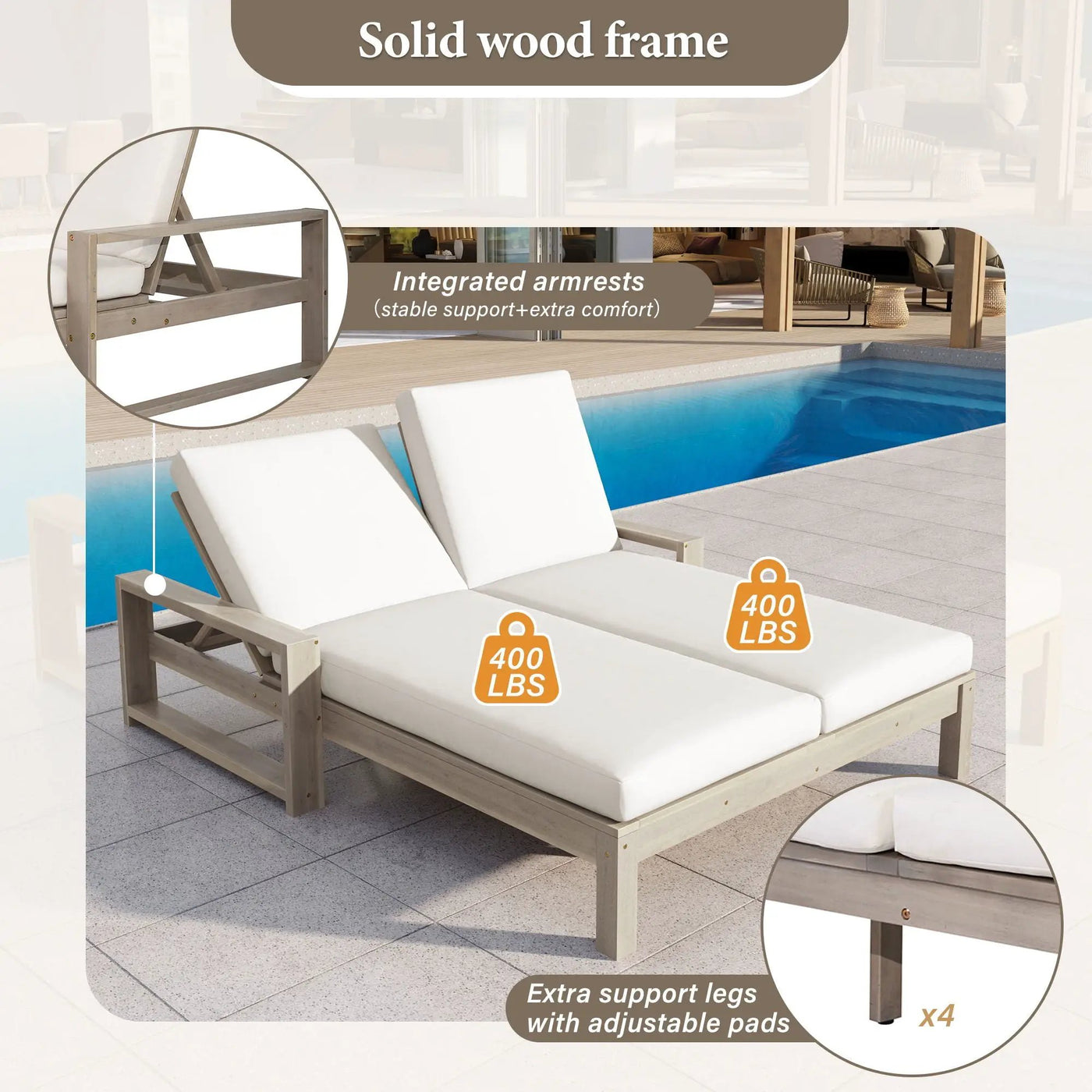 Outdoor Double Lounge Chair With 5 Position Adjustable Backrest by Unique Piece Furniture