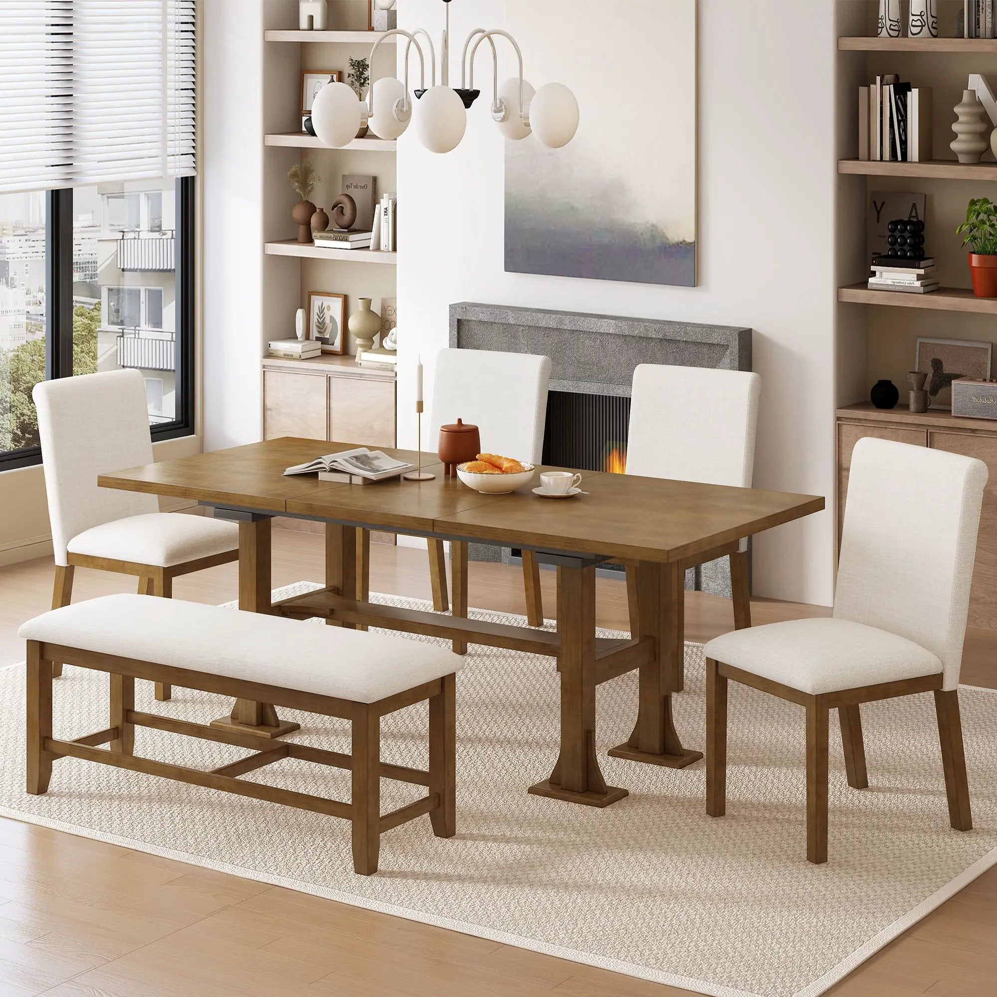 Topmax - 6 Piece Farmhouse Extendable Dining Table Set Trestle Kitchen Table Set With Removable Leaf And Upholstered Dining Chair And Bench For Dining Room by HouseOfZazla