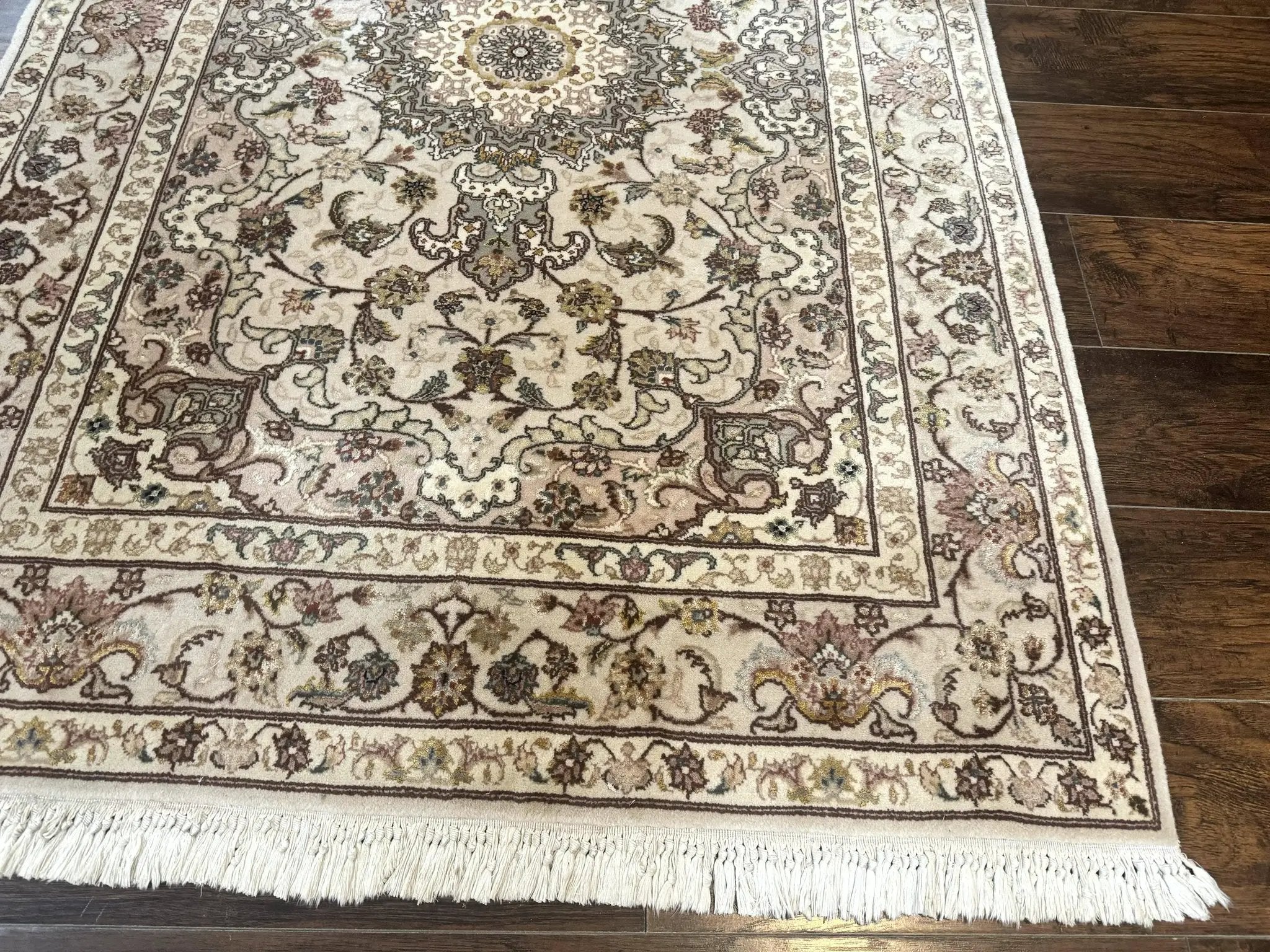 Pak Persian Rug 4x6, Floral Medallion, Beige, Wool and Silk Highlights, Vintage Handmade Rug by Jewel Rugs