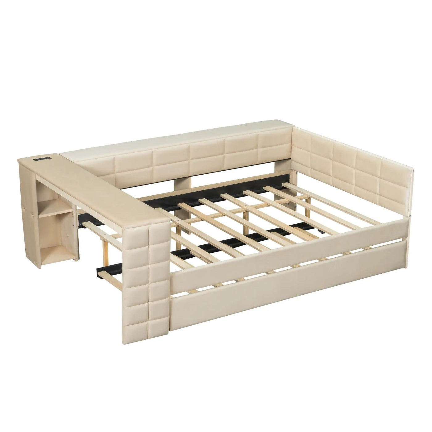 Upholstered Platform Bed With Storage Shelves, Desk, Charging Station And Trundle by HouseOfZazla