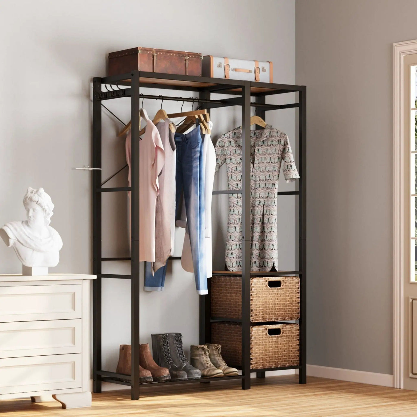 Garment Rack With Shelves, 2 Wicker Drawers, 4 Hooks Organizer by HouseOfZazla