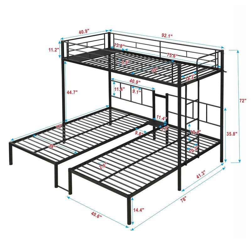 Twin Over Twin Over Twin Triple Bunk Bed With Safety Rails And Storage Shelf - Black by HouseOfZazla