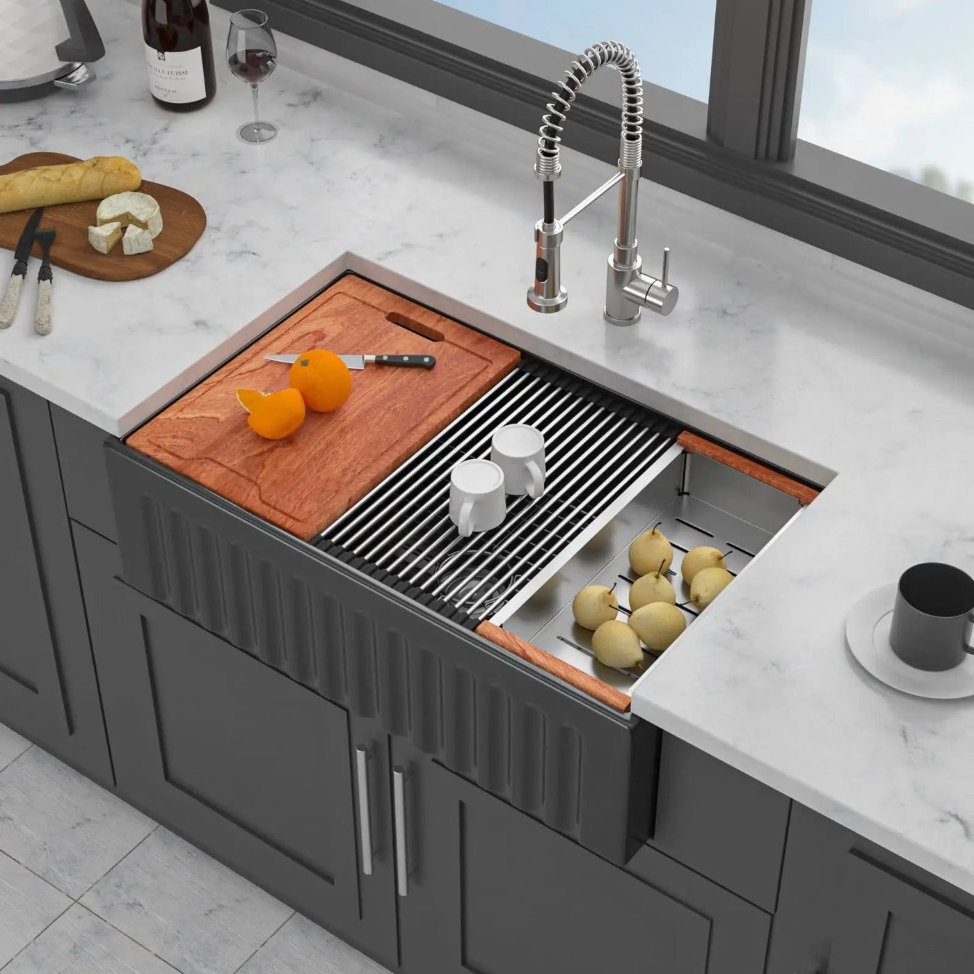 Porcelain Ceramic Farmhouse Sink Workstation With Reversible Apron Design - Single Bowl by HouseOfZazla