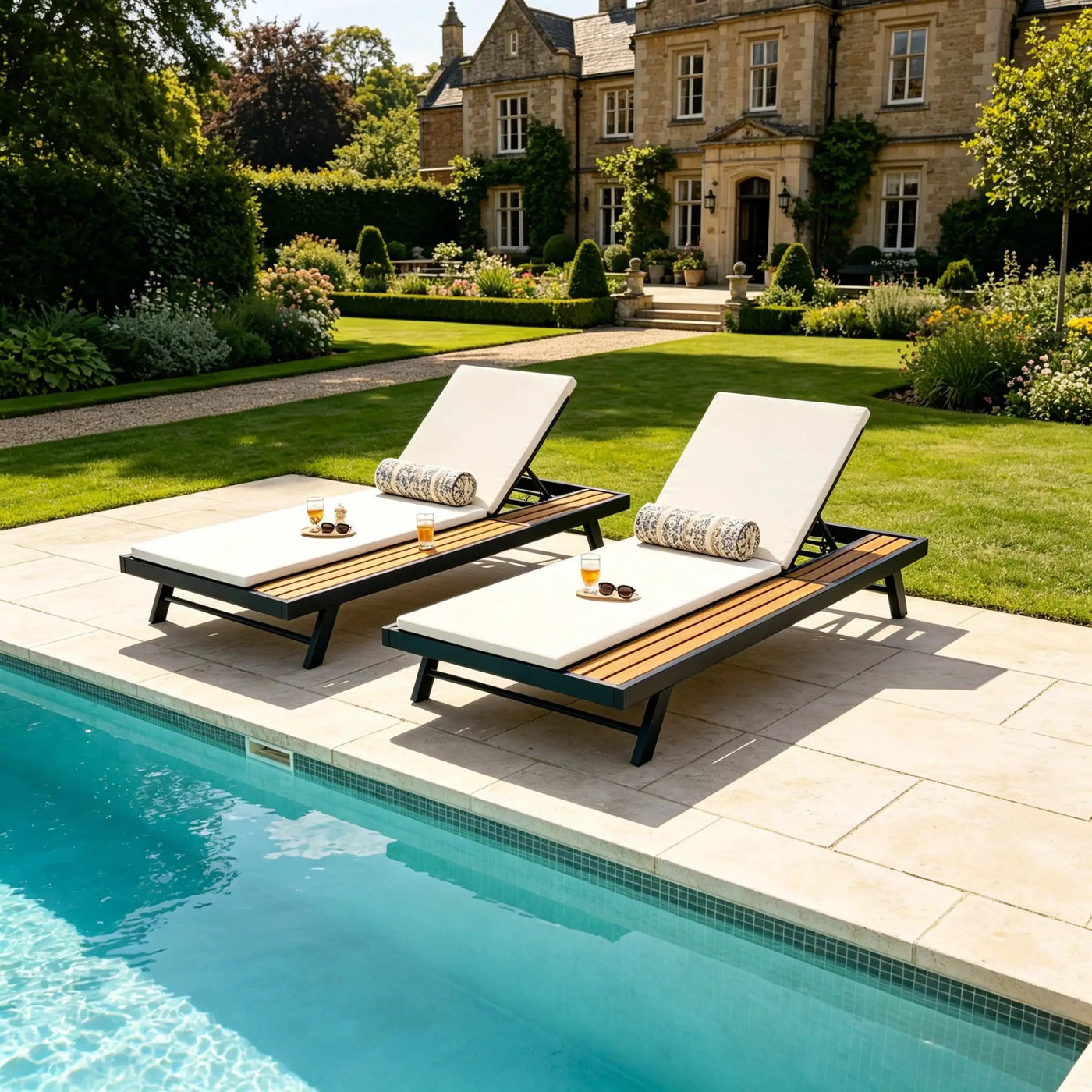 Black Iron and Teak Finish Outdoor Chaise Lounge Set by HouseOfZazla