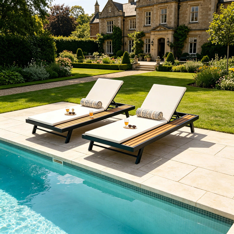 Black Iron and Teak Finish Outdoor Chaise Lounge Set by HouseOfZazla