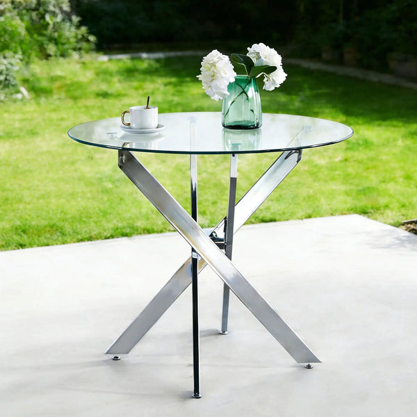 Dining Table With Cross Metal Leg And Tempered Glass, Modern Space Saving Kitchen Table For Living Room, photo 2 of 19