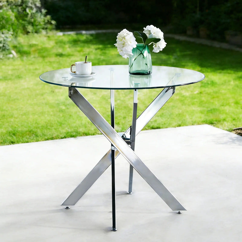 Dining Table With Cross Metal Leg And Tempered Glass, Modern Space Saving Kitchen Table For Living Room by Unique Piece Furniture