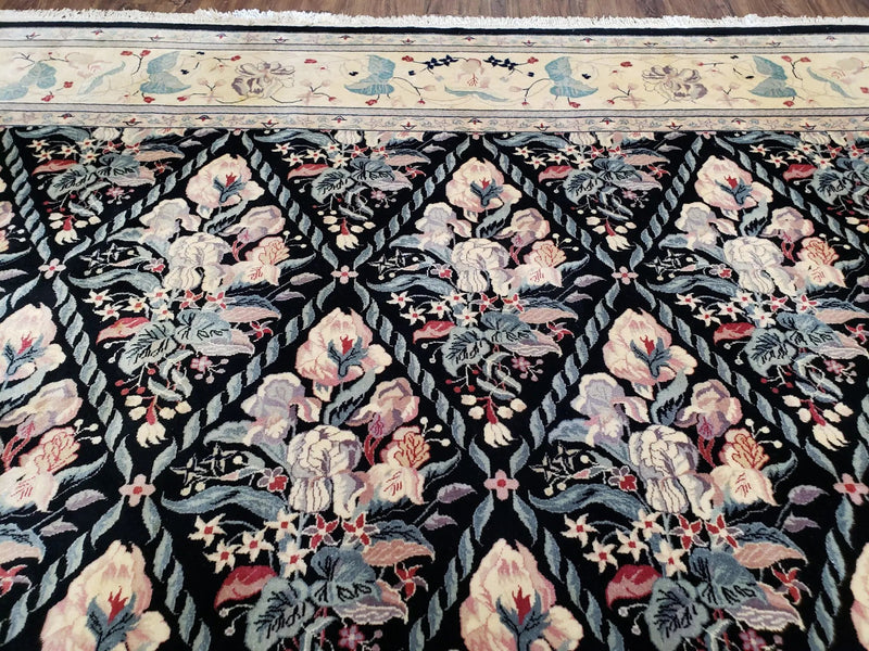 Sino-Persian Kirman Rug 9x12 Floral Handmade Wool Carpet Black & Ivory Vintage by Jewel Rugs