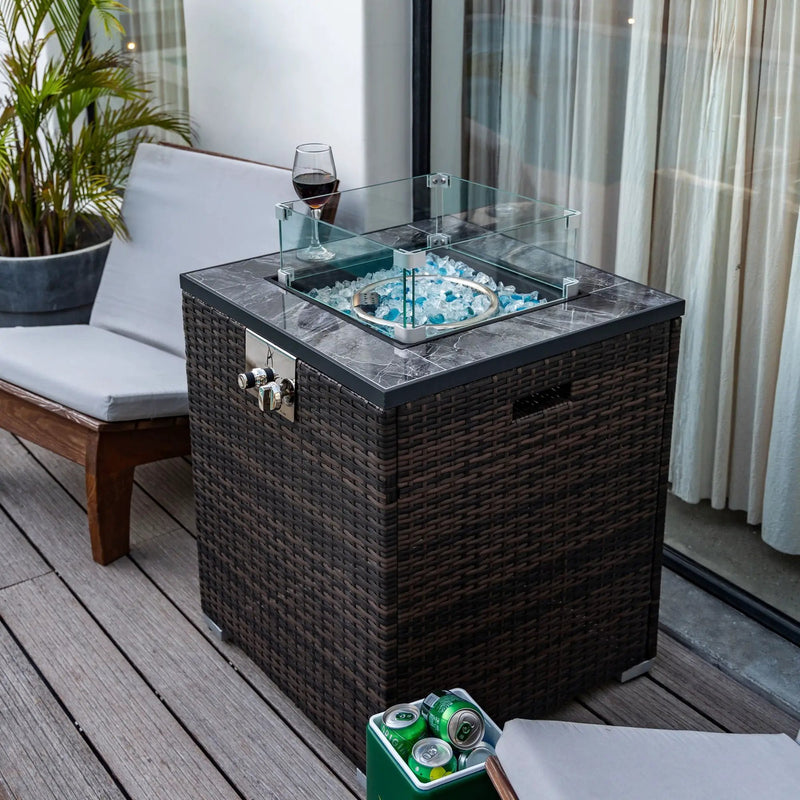 Propane Gas Square Fire Pit, Tile Tabletop With Beautiful Wicker Base For Outside by HouseOfZazla