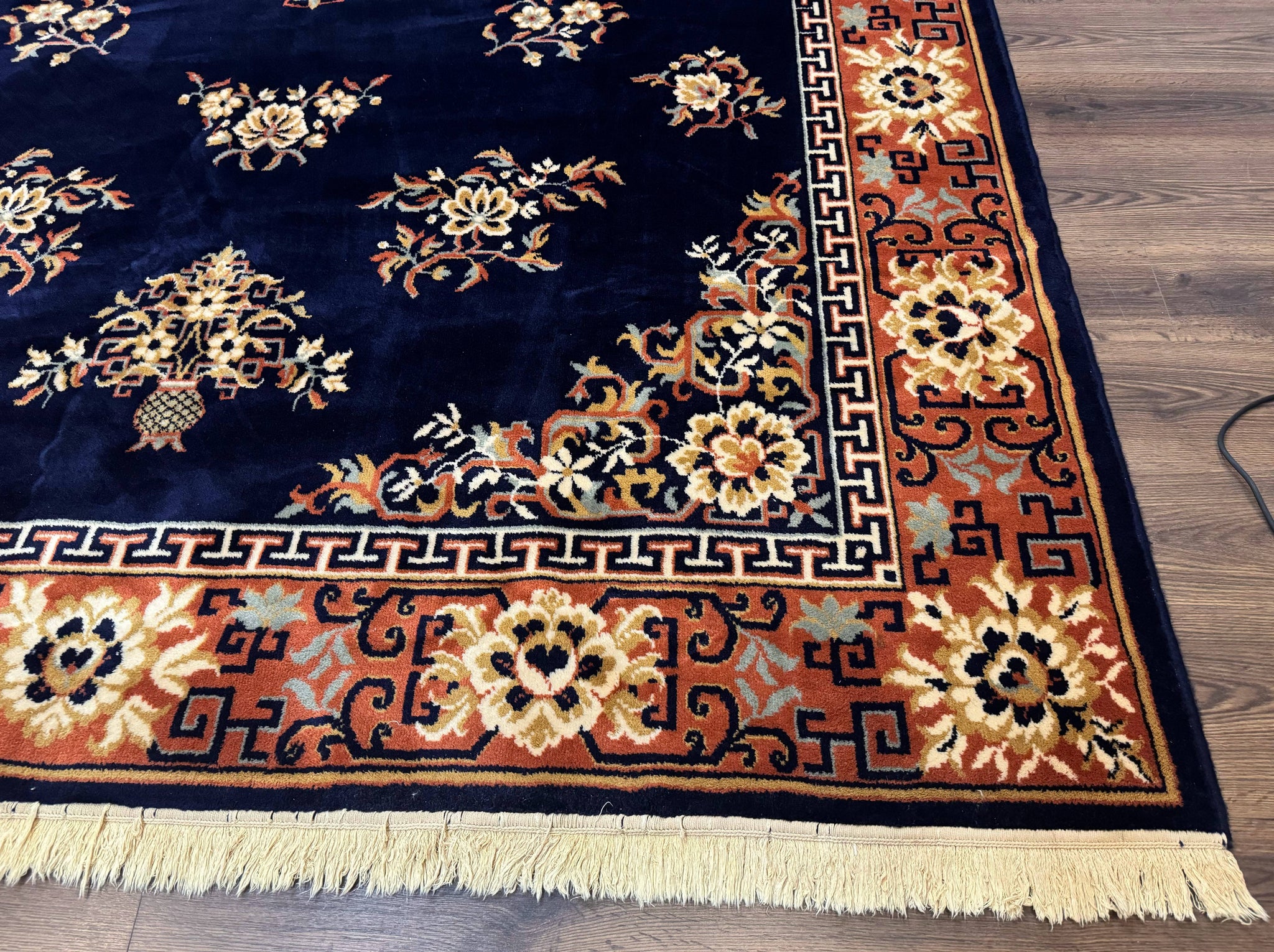 Chinese Wool Rug 8x11, Navy Blue and Terracotta, Floral, Couristan Belgium Power Loomed Carpet by Jewel Rugs