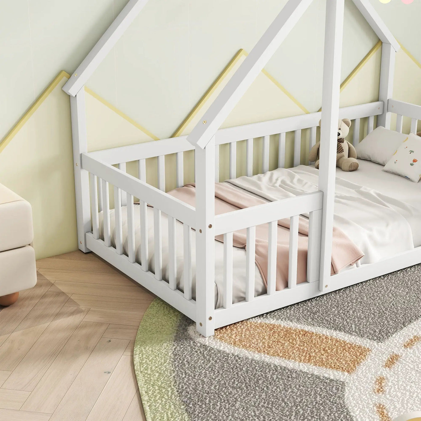 Wood House-Shaped Floor Bed With Fence, Guardrails by HouseOfZazla