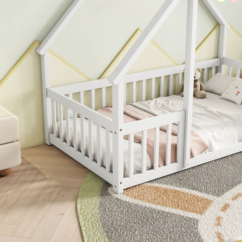 Wood House-Shaped Floor Bed With Fence, Guardrails by Unique Piece Furniture