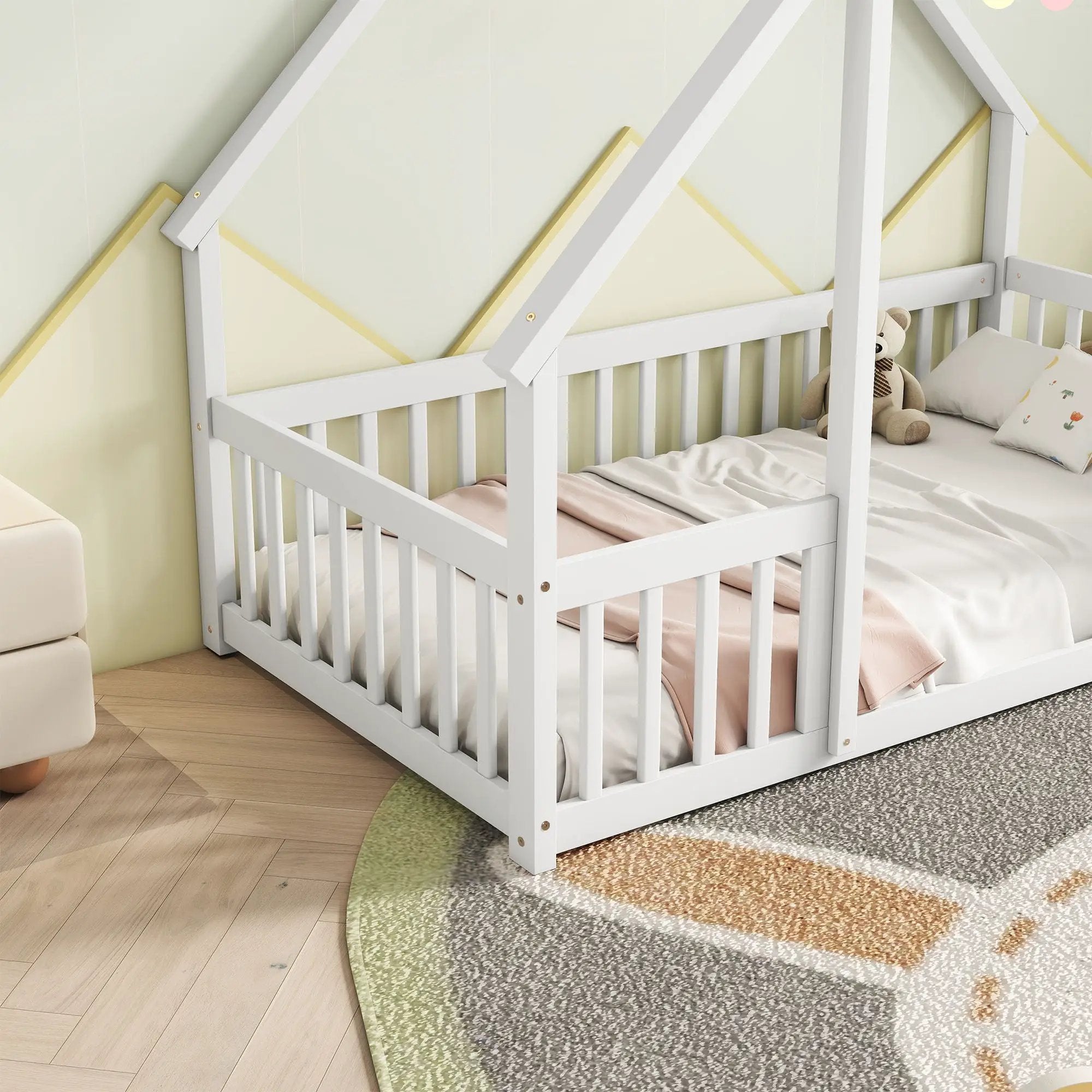 Wood House-Shaped Floor Bed With Fence, Guardrails by Unique Piece Furniture