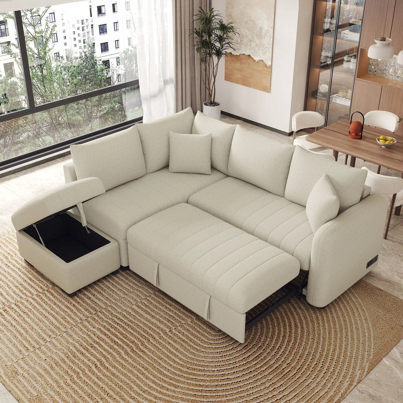 L-Shaped Sectional Pull Out Sofa Bed Sleeper Sofa With Two USB Ports, Two Power Sockets And A Movable Storage Ottoman by Unique Piece Furniture