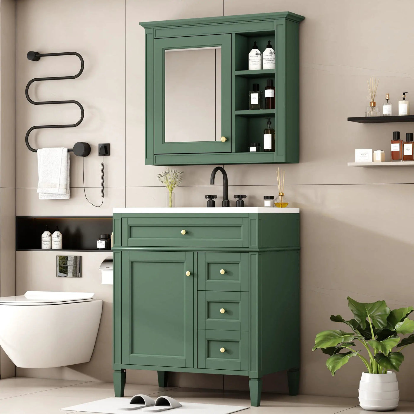 Bathroom Vanity With Top Sink, 2 Doors And 3 Drawers, Freestanding Set With Mirror Cabinet by Unique Piece Furniture
