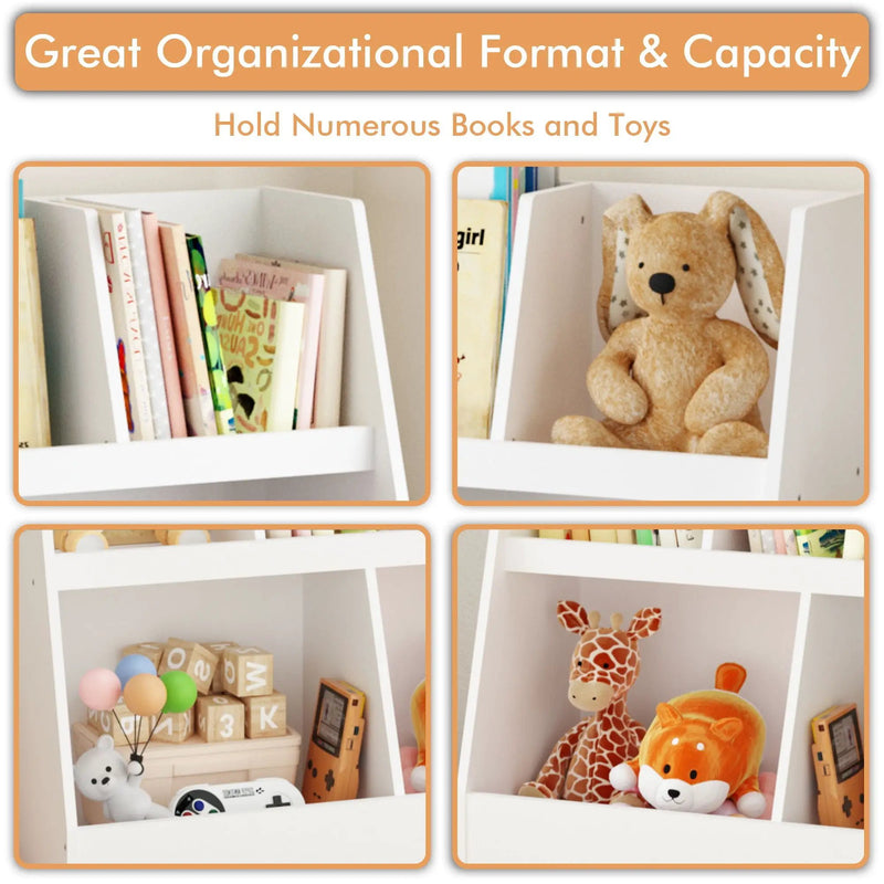 Kids Bookshelf And Toy Organizer, 5 Cubbies Wooden Open Bookcase, 2-Tier Baby Storage Display Organizer With Legs, Free Standing For Playing Room, Bedroom, Nursery, Classroom - White by HouseOfZazla