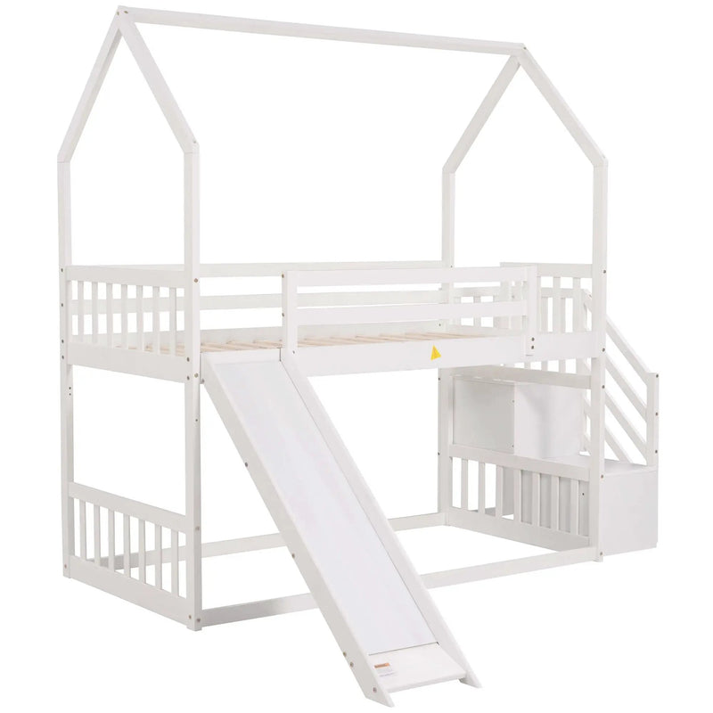 Twin Over Twin House Bunk Bed With Convertible Slide, Storage Staircase by Unique Piece Furniture