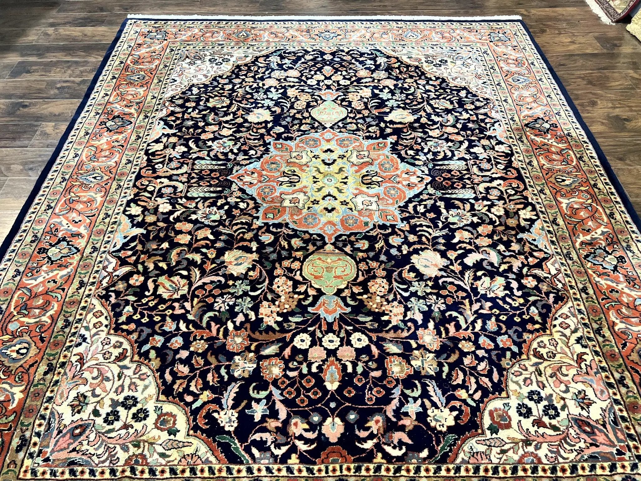 Indo Persian Rug 8x10, Midnight Blue & Red, Handmade Vintage Wool Carpet, Floral Medallion by Jewel Rugs