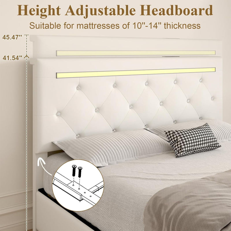 Upholstered Bed Frame With LED Lights, 4 Storage Drawers, Charging Station by HouseOfZazla