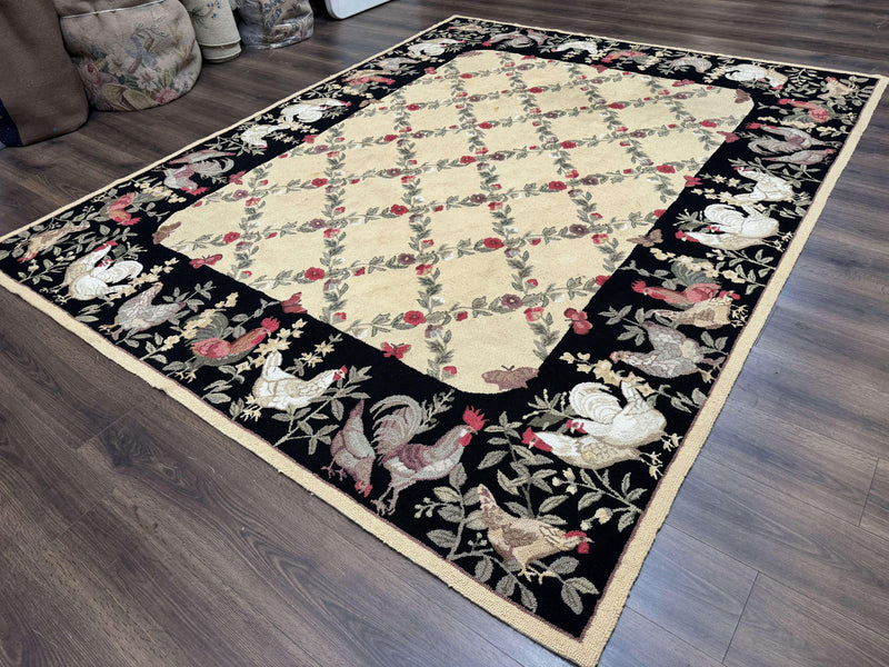 Vintage Hooked Rug 7x9, Rosters in Border, Roses and Butterflies by Jewel Rugs