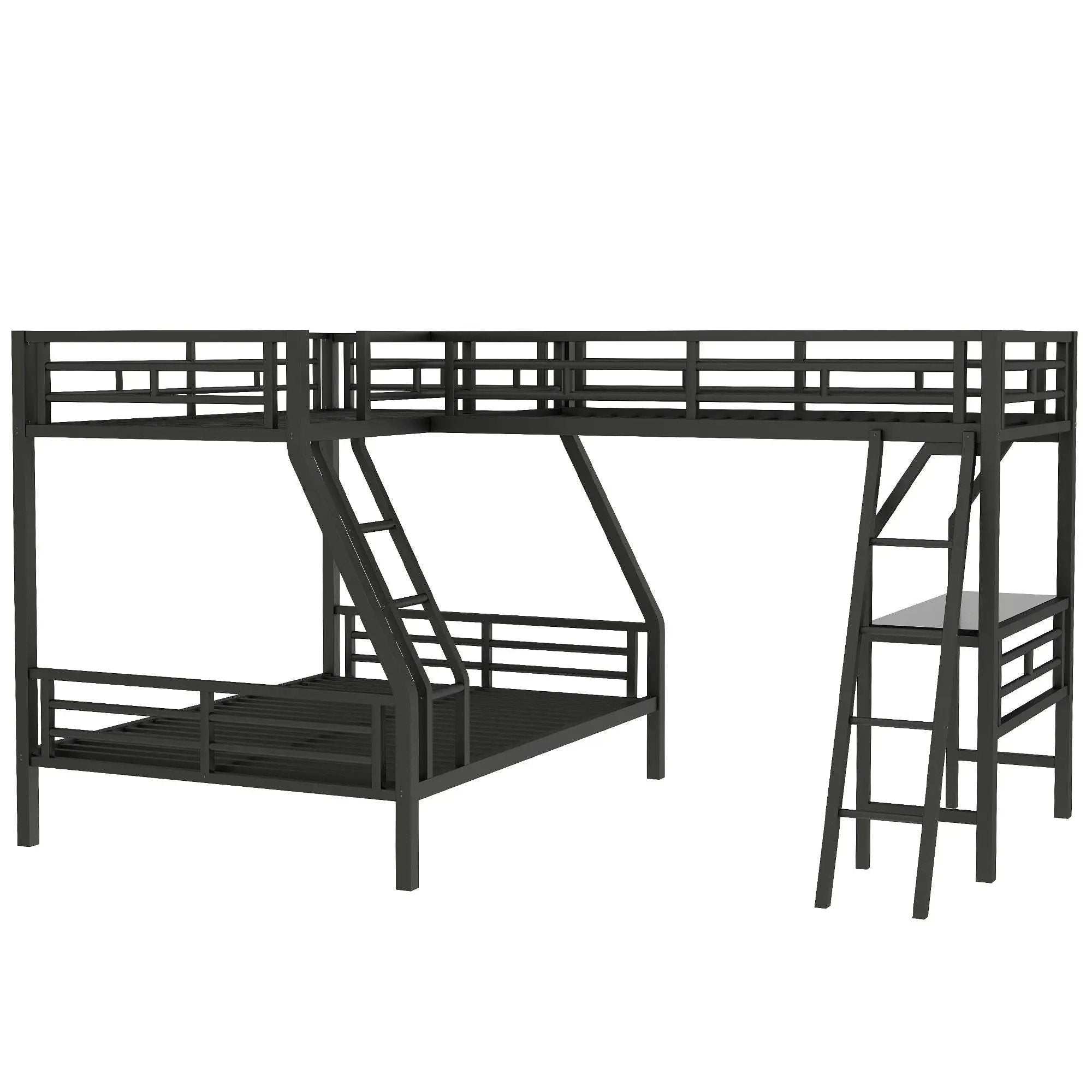 Twin Over Full Bunk Bed With Loft And Desk, L-Shaped Design For 3 Sleepers - Black by HouseOfZazla